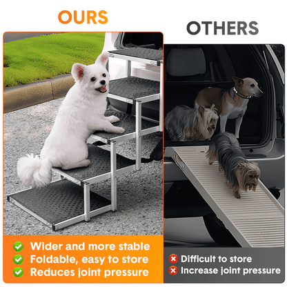 Folding Dog Stair Lightweight Aluminium Dog Ramp Adjustable Height 5 Steps Pet Ladder Loads up to 70Kg with Non-Slip Surface for Cars Trunk SUV Trucks