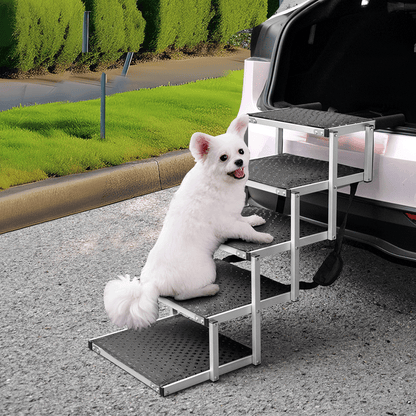 Folding Dog Stair Lightweight Aluminium Dog Ramp Adjustable Height 5 Steps Pet Ladder Loads up to 70Kg with Non-Slip Surface for Cars Trunk SUV Trucks