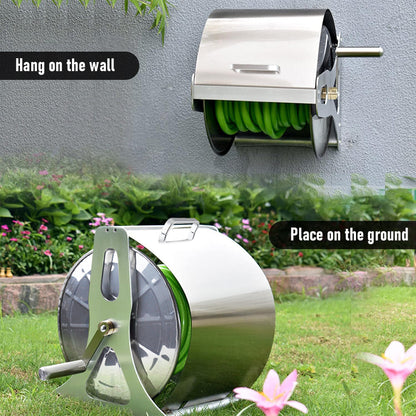 Large Stainless Steel Garden Hose Reel Cart Portable Pipe Holder With Rainproof Sunscreen Protection Lid and Crank Handle