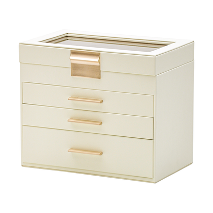 4 Layer Jewelry Box PU Leather Jewellery Organizer Multi-functional Storage Case with Clear Glass Lid and 3 Drawers for Necklaces Rings Earrings Watches