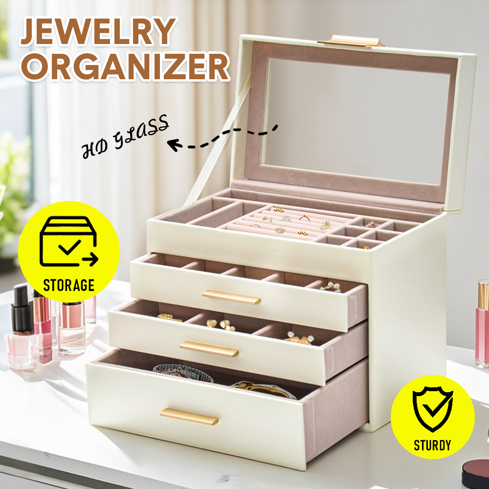 4 Layer Jewelry Box PU Leather Jewellery Organizer Multi-functional Storage Case with Clear Glass Lid and 3 Drawers for Necklaces Rings Earrings Watches