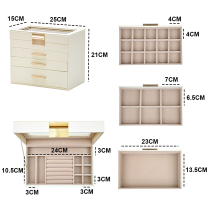 4 Layer Jewelry Box PU Leather Jewellery Organizer Multi-functional Storage Case with Clear Glass Lid and 3 Drawers for Necklaces Rings Earrings Watches