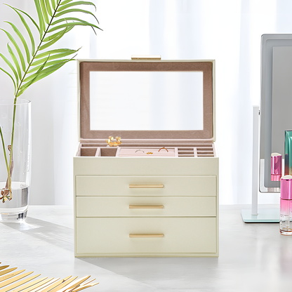 4 Layer Jewelry Box PU Leather Jewellery Organizer Multi-functional Storage Case with Clear Glass Lid and 3 Drawers for Necklaces Rings Earrings Watches