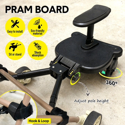 Universal Pram Board Seat and Stand Up Adjustable Buggy Board Pushchair with Bear Pattern Removable Seat Fits Most Strollers Holds Children Up to 25kg