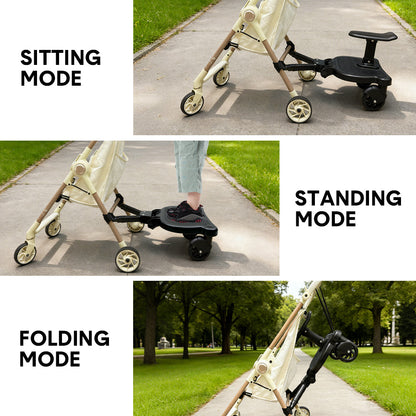 Universal Pram Board Seat and Stand Up Adjustable Buggy Board Pushchair with Bear Pattern Removable Seat Fits Most Strollers Holds Children Up to 25kg
