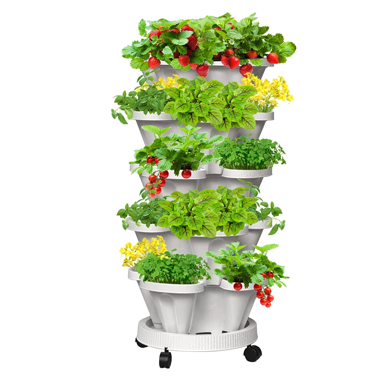 5 Tier Stackable Planter Pots Vertical Garden Stacking Space Saving High Yield Ideal for Herbs Flower Plants Veggies With Wheel White 37cm Width