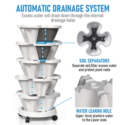 5 Tier Stackable Planter Pots Vertical Garden Stacking Space Saving High Yield Ideal for Herbs Flower Plants Veggies With Wheel White 37cm Width
