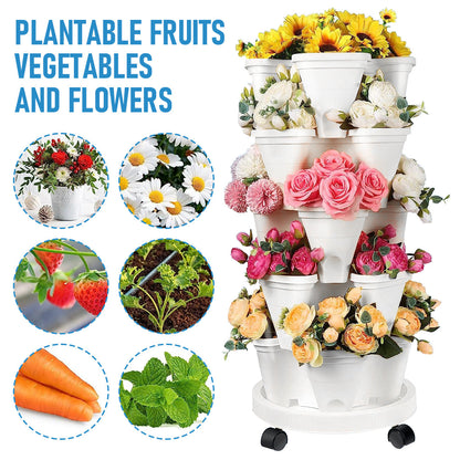 5 Tier Stackable Planter Pots Vertical Garden Stacking Space Saving High Yield Ideal for Herbs Flower Plants Veggies With Wheel White 37cm Width