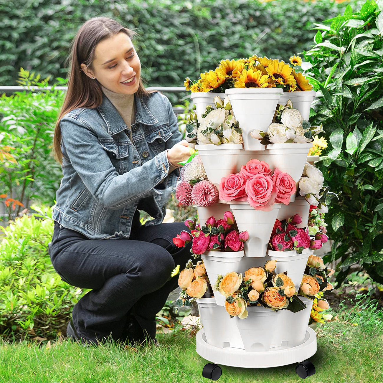 5 Tier Stackable Planter Pots Vertical Garden Stacking Space Saving High Yield Ideal for Herbs Flower Plants Veggies With Wheel White 37cm Width