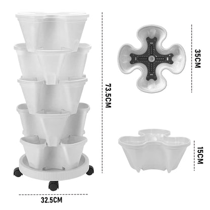 5 Tier Stackable Planter Pots Vertical Garden Stacking Space Saving High Yield Ideal for Herbs Flower Plants Veggies With Wheel White 37cm Width