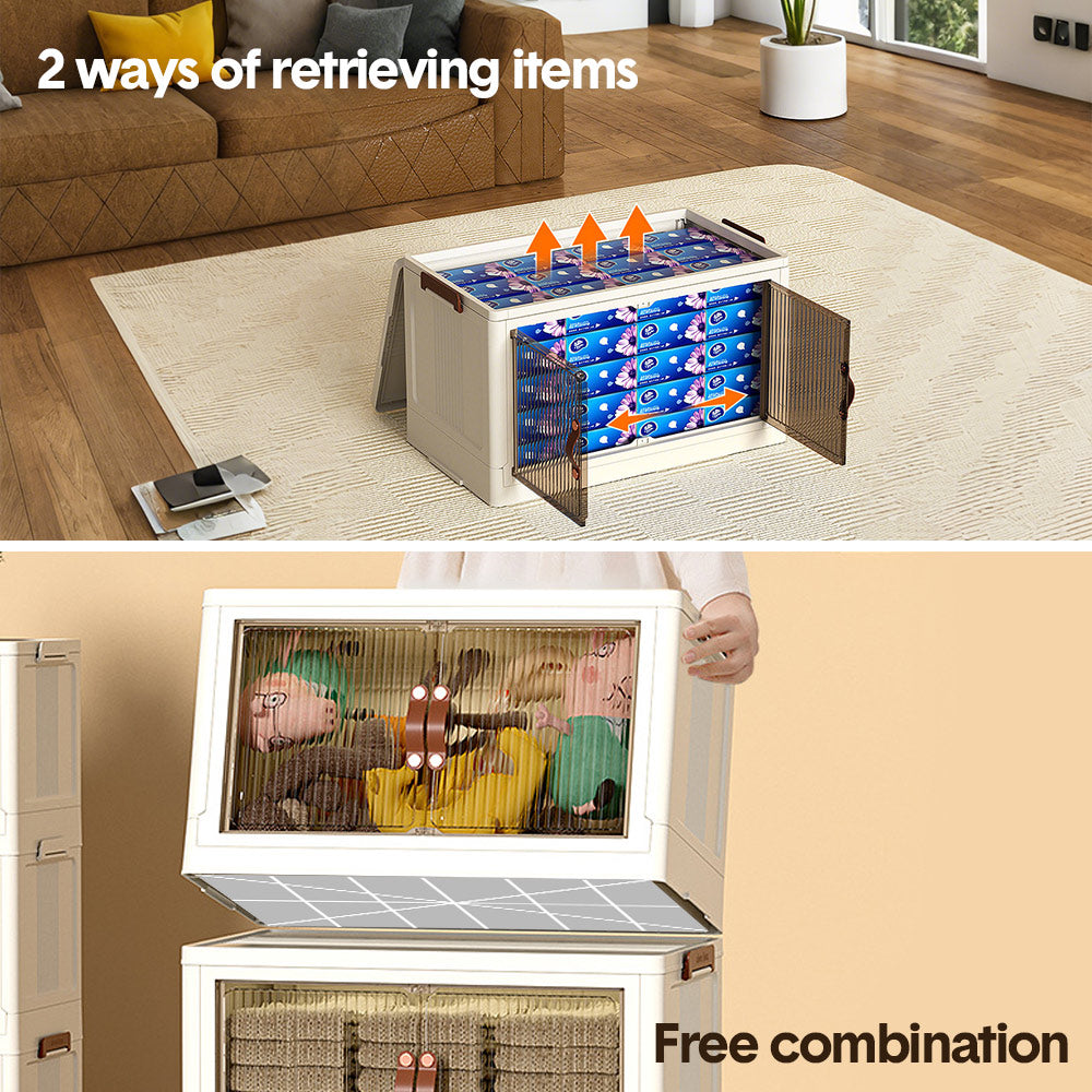 Foldable Storage Cabinet Stackable Bins Household Plastic Closet Multi-purpose Organizer Doors and Top Lid 2 Way Opening with 360 Degree Rotatable Wheels