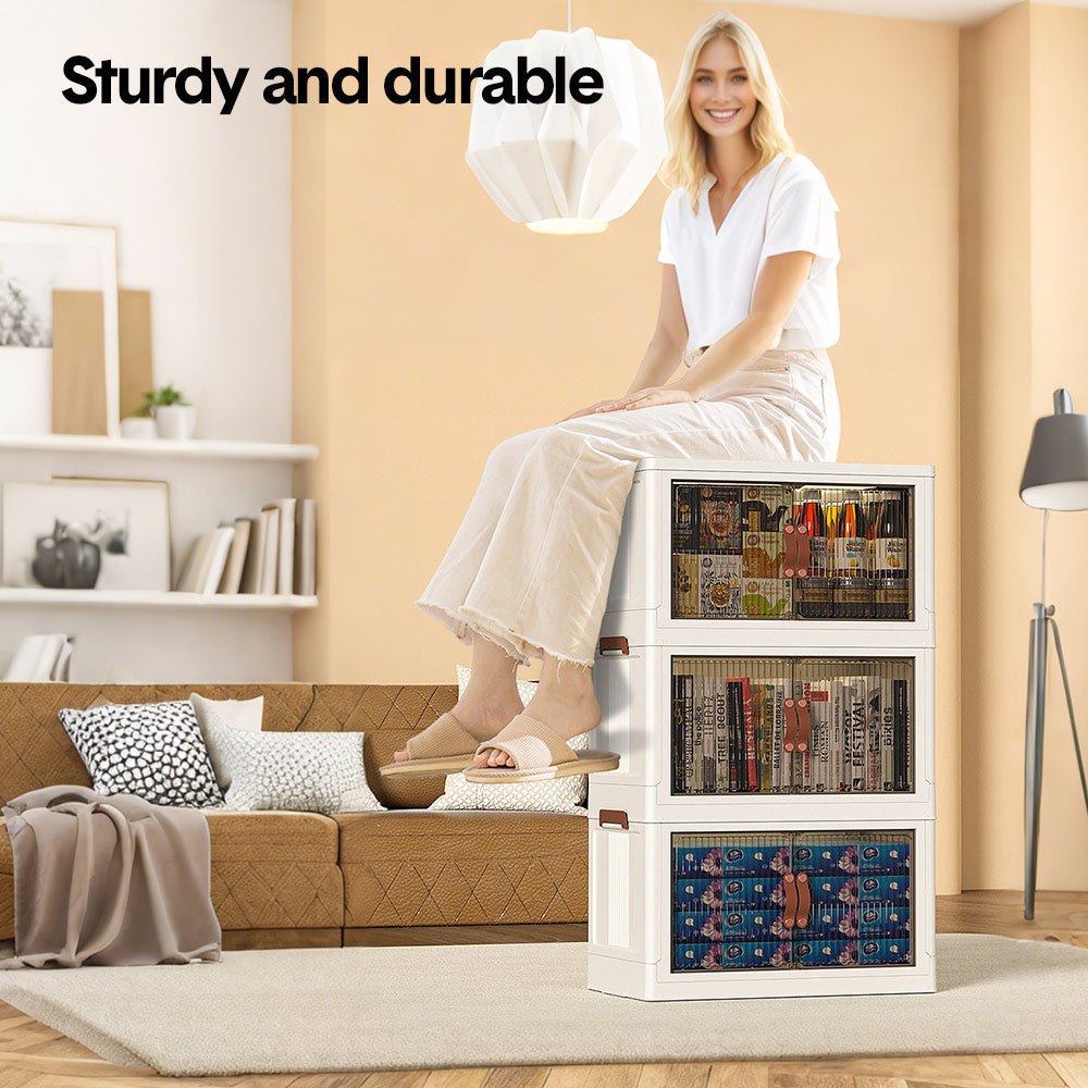 Foldable Storage Cabinet Stackable Bins Household Plastic Closet Multi-purpose Organizer Doors and Top Lid 2 Way Opening with 360 Degree Rotatable Wheels