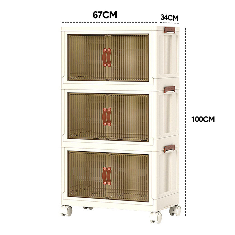 Foldable Storage Cabinet Stackable Bins Household Plastic Closet Multi-purpose Organizer Doors and Top Lid 2 Way Opening with 360 Degree Rotatable Wheels