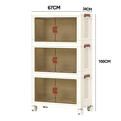 Foldable Storage Cabinet Stackable Bins Household Plastic Closet Multi-purpose Organizer Doors and Top Lid 2 Way Opening with 360 Degree Rotatable Wheels