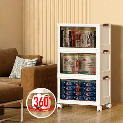 Foldable Storage Cabinet Stackable Bins Household Plastic Closet Multi-purpose Organizer Doors and Top Lid 2 Way Opening with 360 Degree Rotatable Wheels