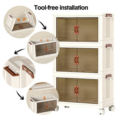 Foldable Storage Cabinet Stackable Bins Household Plastic Closet Multi-purpose Organizer Doors and Top Lid 2 Way Opening with 360 Degree Rotatable Wheels