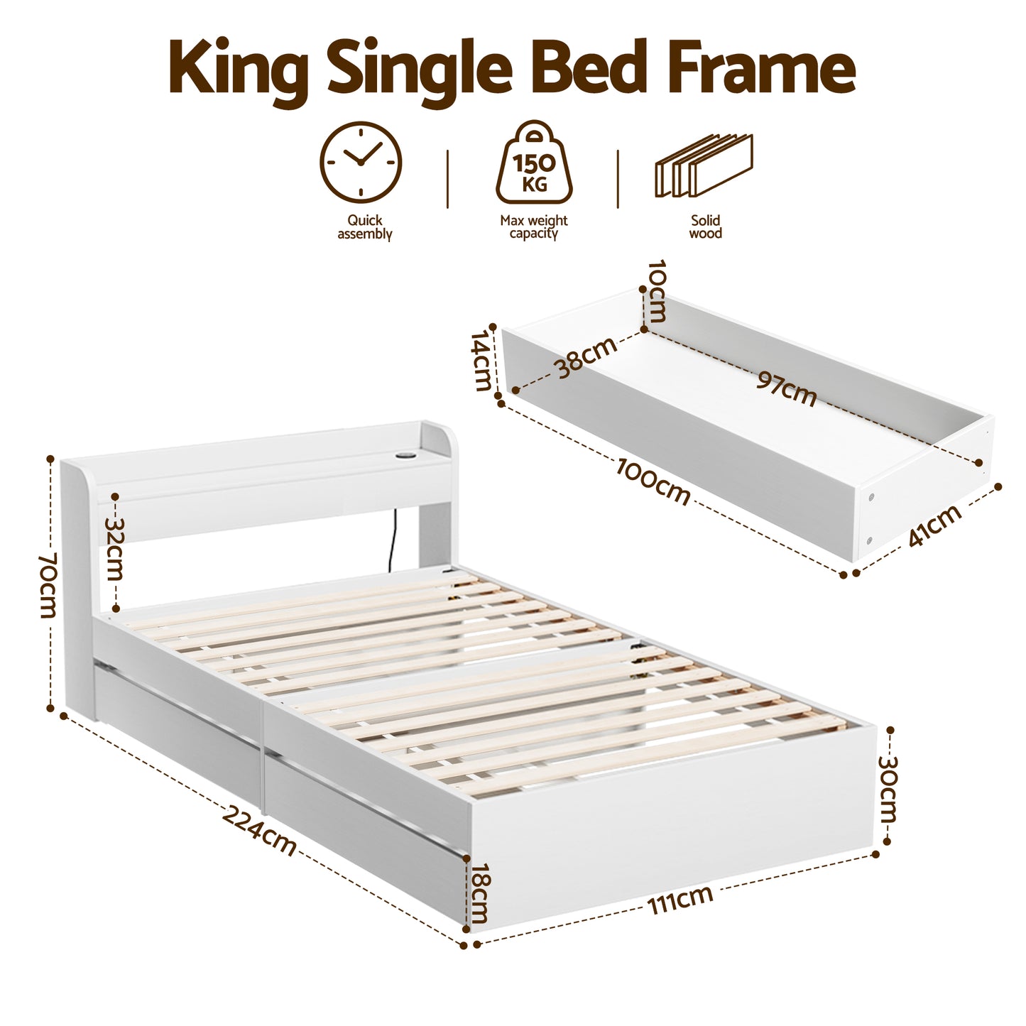 Artiss Bed Frame Single Size with Charging Ports and 2 Drawers AURA