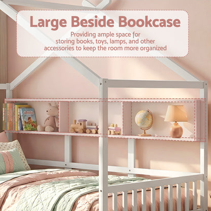 Artiss Kids Single Bed Frame with 3 Storage Bookcase & 2 Drawers House Bed Solid Wood Montessori Bed Easy Assembly White